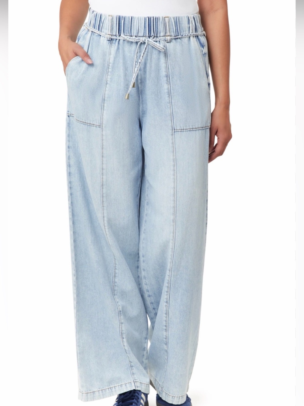 Kensie Drapey High Waist Light Blue Wide-Leg Drawstring Jeans